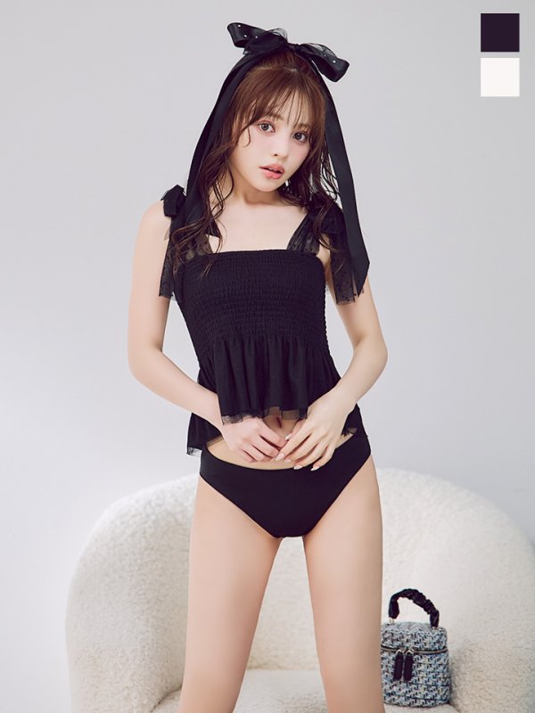 画像4: 【即日発送】【ビキニ】【水着】ドットチュールペプラムフリルビキニ 2点セット [YMT] (4)