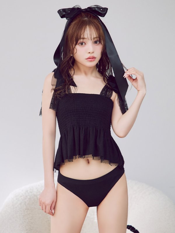 画像2: 【即日発送】【ビキニ】【水着】ドットチュールペプラムフリルビキニ 2点セット [YMT] (2)