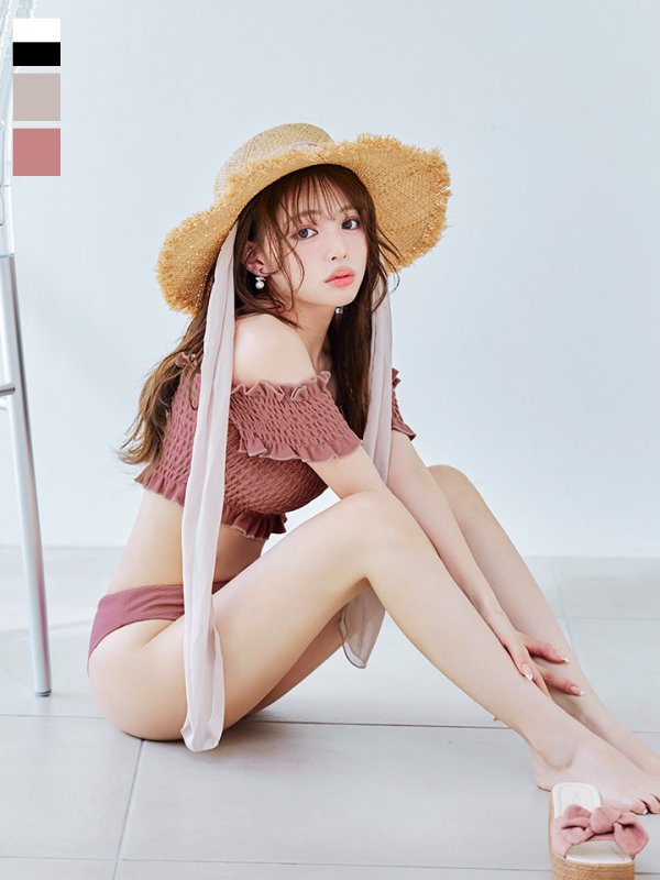 画像2: 【即日発送】【ビキニ】【水着】シャーリングオフショルビキニ  2点セット [YMT] (2)