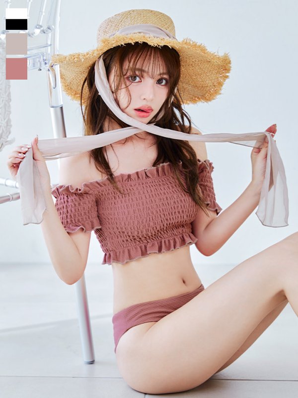 画像3: 【即日発送】【ビキニ】【水着】シャーリングオフショルビキニ  2点セット [YMT] (3)