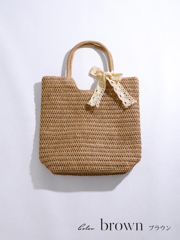 画像2: 【即日発送】【ビキニ】【水着小物：ビーチバッグ】レースリボン付きカゴバッグ【2カラー】[FB01] (2)
