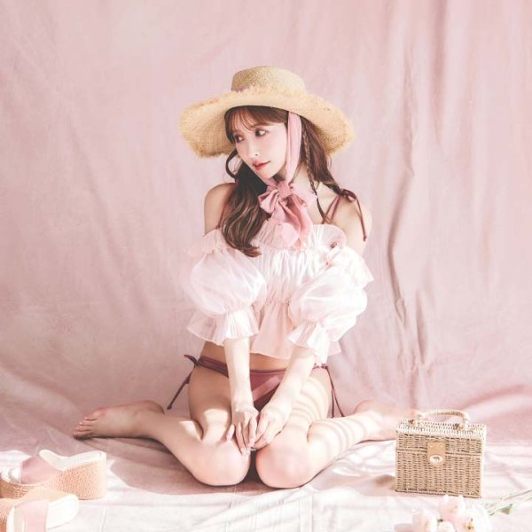 画像3: 【即日発送】【水着小物：カーディガン】シャーリング/オフショルトップス[FB01] (3)