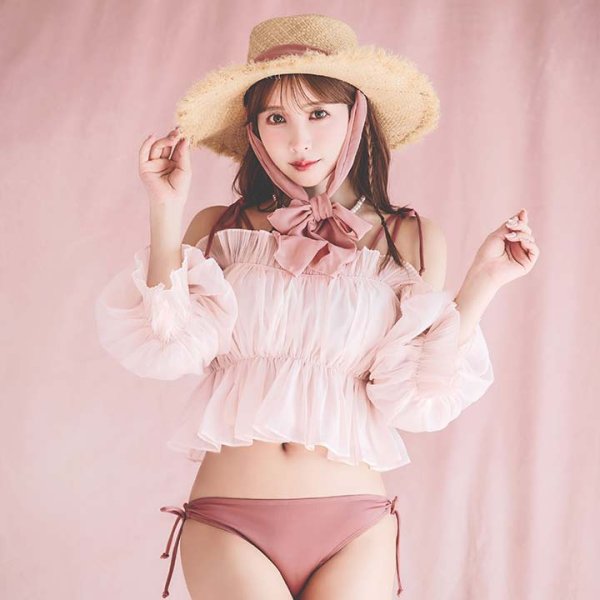 画像4: 【即日発送】【水着小物：カーディガン】シャーリング/オフショルトップス[FB01] (4)