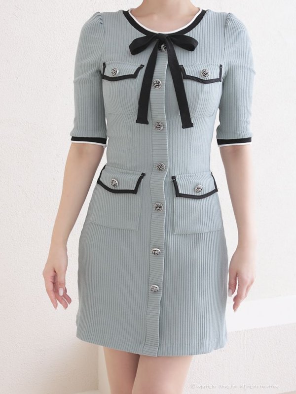 画像5: 【ANDY/アンディ】ネックリボン/ 五分袖/ 袖あり/ ストレッチリブ/ パイピング/ ボタン/ ワンピース/ Aライン/ ミニドレス/ キャバドレス[OF05] (5)