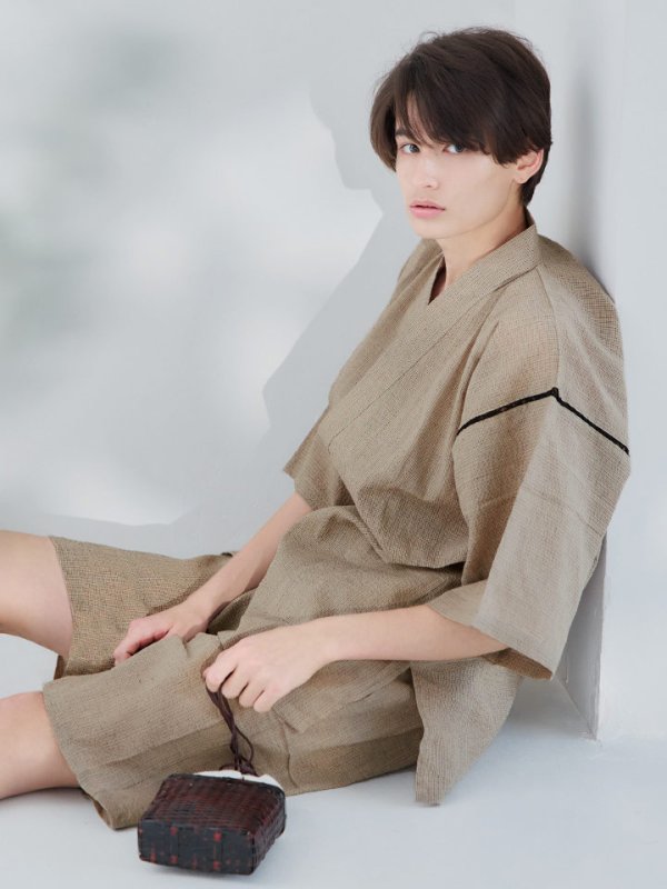 画像2: 【即日発送】【メンズ甚平】ベージュ甚平【甚平2点セット 甚平/下駄】[YMT] (2)