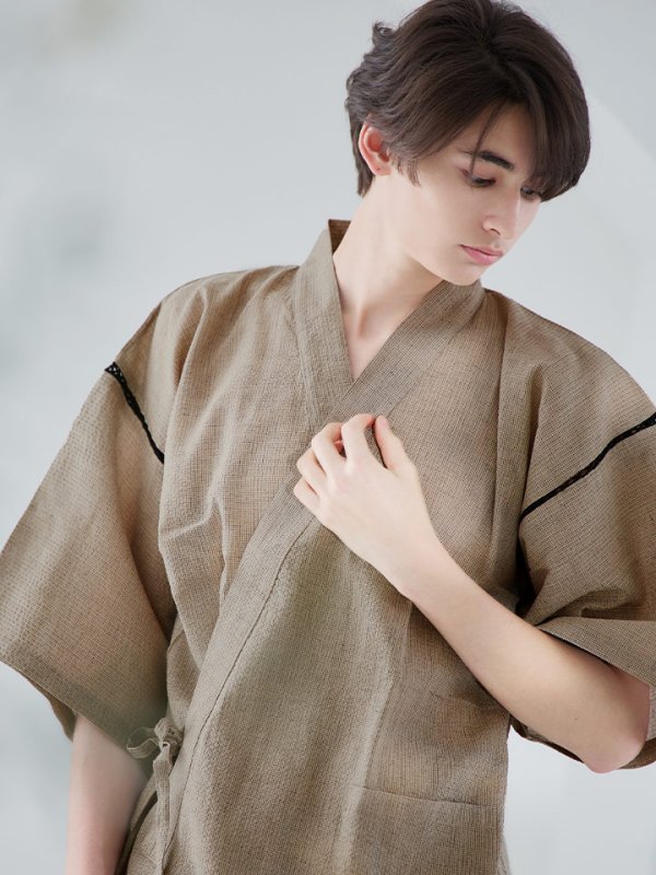 画像3: 【即日発送】【メンズ甚平】ベージュ甚平【甚平2点セット 甚平/下駄】[YMT] (3)