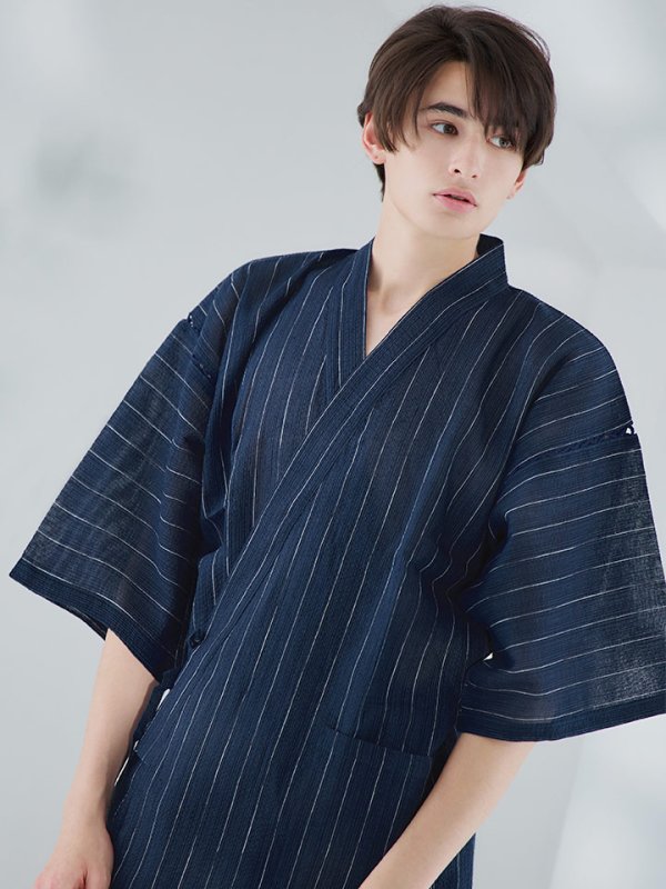 画像9: 【即日発送】【メンズ甚平】ネイビー地に白縞模様甚平 【甚平2点セット 甚平/下駄】[YMT] (9)