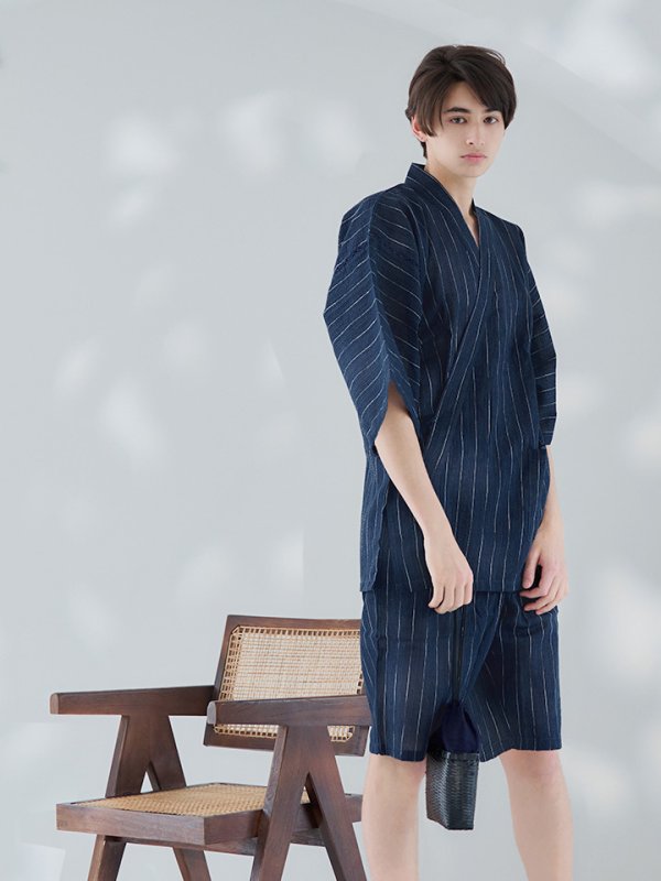 画像12: 【即日発送】【メンズ甚平】ネイビー地に白縞模様甚平 【甚平2点セット 甚平/下駄】[YMT] (12)