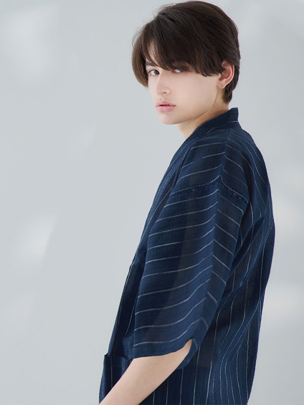 画像13: 【即日発送】【メンズ甚平】ネイビー地に白縞模様甚平 【甚平2点セット 甚平/下駄】[YMT] (13)