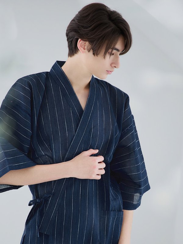 画像2: 【即日発送】【メンズ甚平】ネイビー地に白縞模様甚平 【甚平2点セット 甚平/下駄】[YMT] (2)