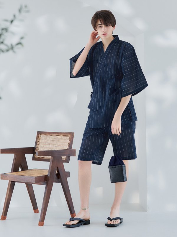 画像4: 【即日発送】【メンズ甚平】ネイビー地に白縞模様甚平 【甚平2点セット 甚平/下駄】[YMT] (4)