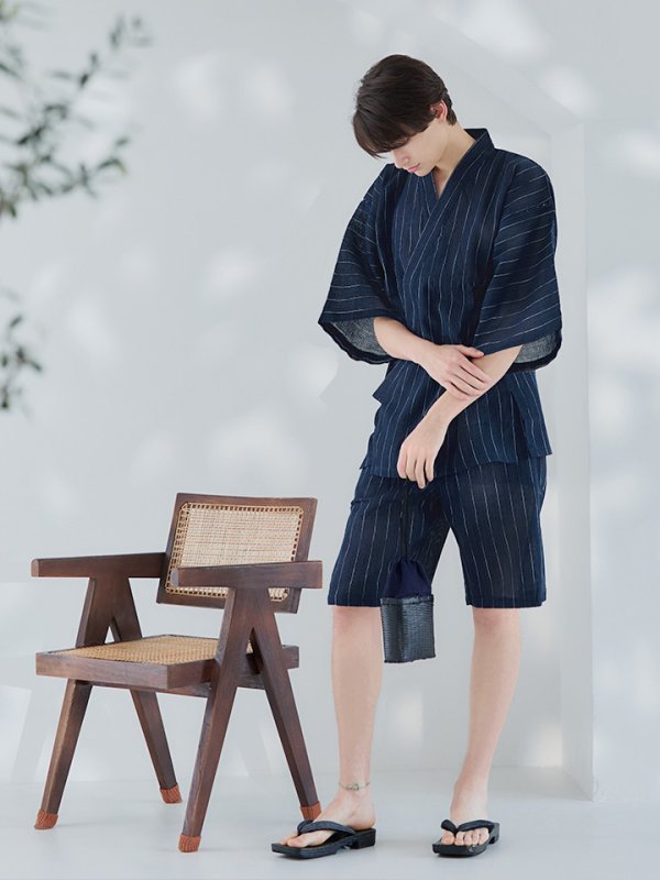 画像8: 【即日発送】【メンズ甚平】ネイビー地に白縞模様甚平 【甚平2点セット 甚平/下駄】[YMT] (8)