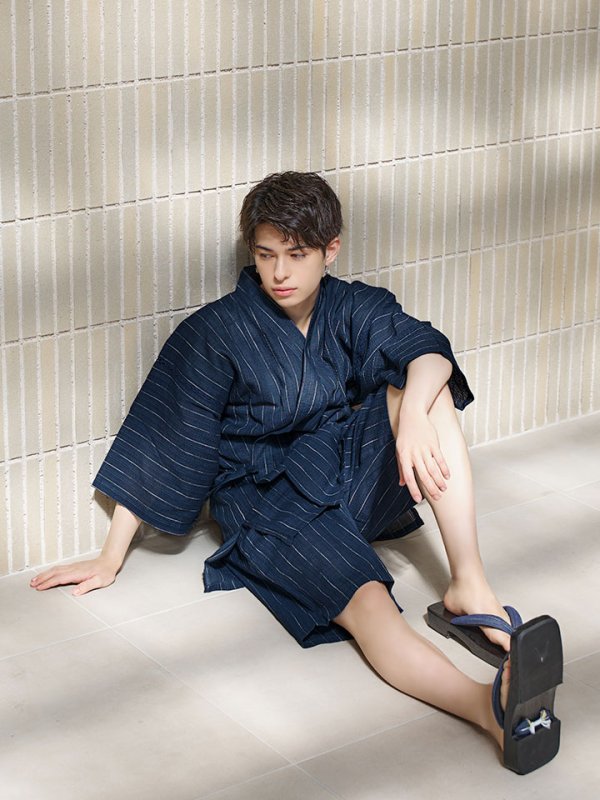 画像13: 【即日発送】【メンズ甚平】ネイビー地に白縞模様甚平 【甚平2点セット 甚平/下駄】[YMT] (13)