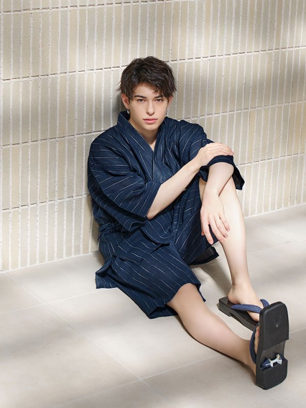 画像15: 【即日発送】【メンズ甚平】ネイビー地に白縞模様甚平 【甚平2点セット 甚平/下駄】[YMT] (15)