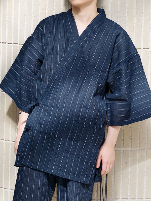 画像17: 【即日発送】【メンズ甚平】ネイビー地に白縞模様甚平 【甚平2点セット 甚平/下駄】[YMT] (17)