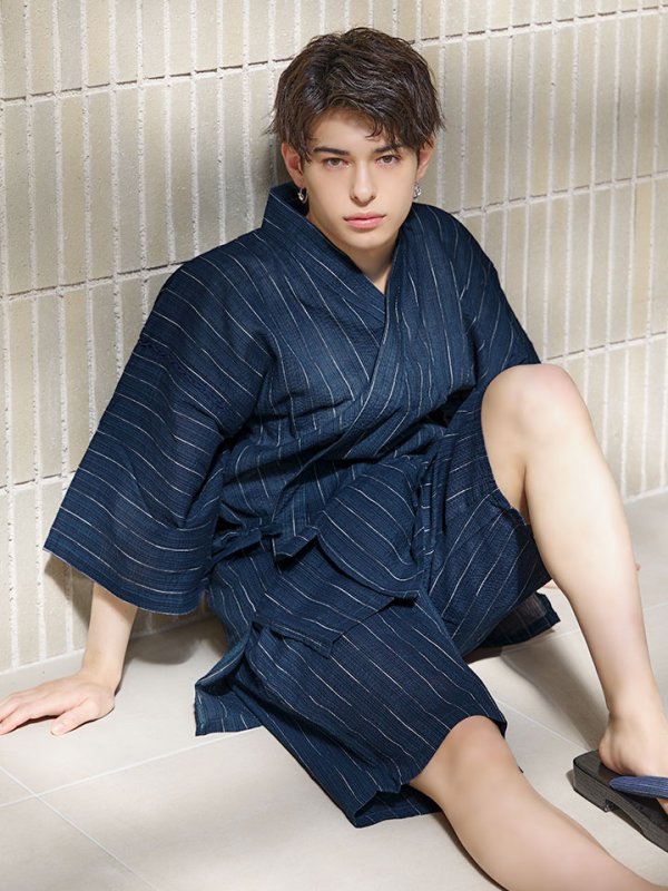 画像2: 【即日発送】【メンズ甚平】ネイビー地に白縞模様甚平 【甚平2点セット 甚平/下駄】[YMT] (2)