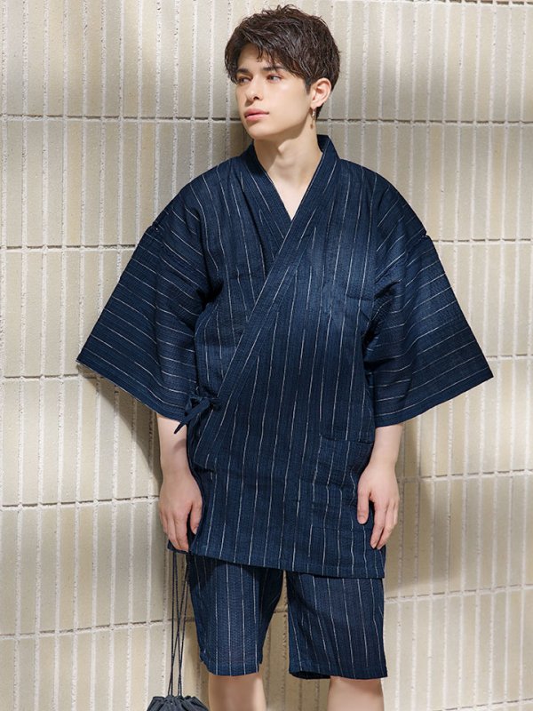 画像6: 【即日発送】【メンズ甚平】ネイビー地に白縞模様甚平 【甚平2点セット 甚平/下駄】[YMT] (6)