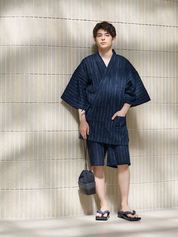 画像7: 【即日発送】【メンズ甚平】ネイビー地に白縞模様甚平 【甚平2点セット 甚平/下駄】[YMT] (7)
