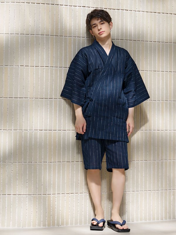 画像9: 【即日発送】【メンズ甚平】ネイビー地に白縞模様甚平 【甚平2点セット 甚平/下駄】[YMT] (9)