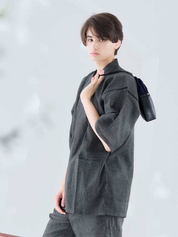 画像1: 【即日発送】【メンズ甚平】ダークグレー甚平【甚平2点セット 甚平/下駄】[YMT] (1)