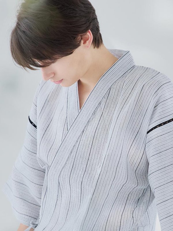 画像10: 【即日発送】【メンズ甚平】白地に黒縞模様甚平【甚平2点セット 甚平/下駄】[YMT] (10)