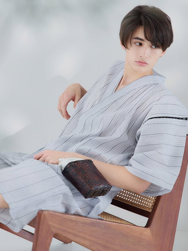 画像2: 【即日発送】【メンズ甚平】白地に黒縞模様甚平【甚平2点セット 甚平/下駄】[YMT] (2)