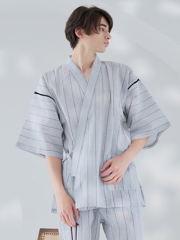 画像3: 【即日発送】【メンズ甚平】白地に黒縞模様甚平【甚平2点セット 甚平/下駄】[YMT] (3)