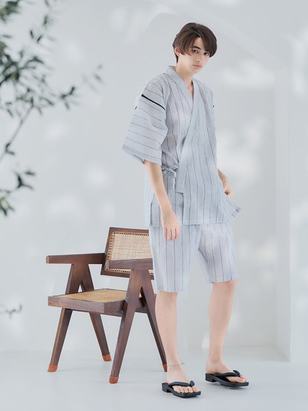 画像4: 【即日発送】【メンズ甚平】白地に黒縞模様甚平【甚平2点セット 甚平/下駄】[YMT] (4)