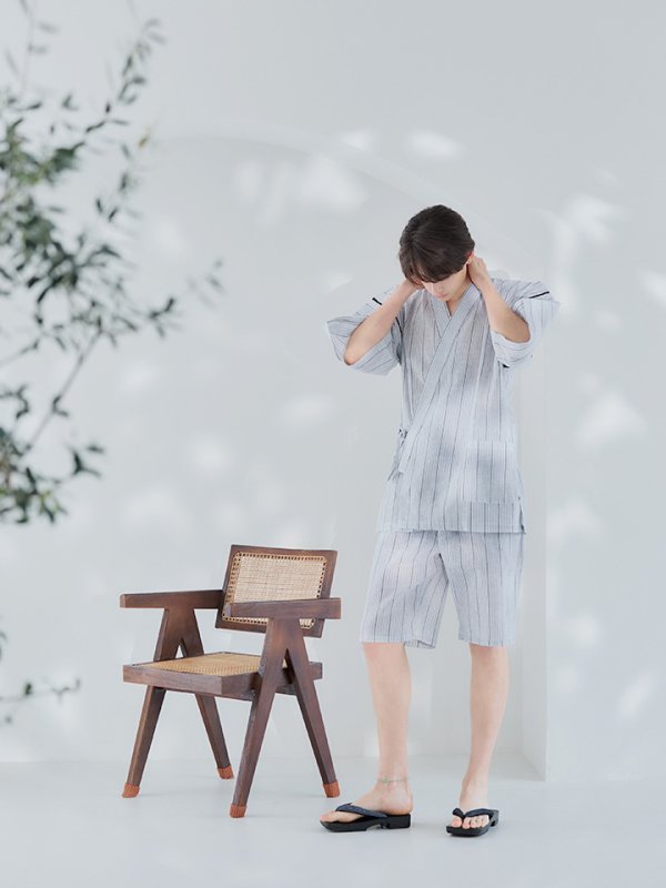 画像6: 【即日発送】【メンズ甚平】白地に黒縞模様甚平【甚平2点セット 甚平/下駄】[YMT] (6)