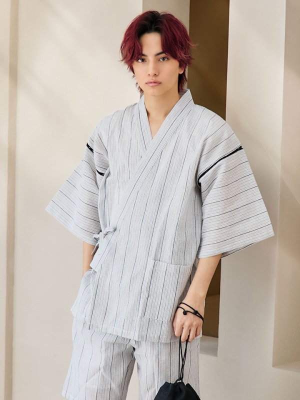 画像10: 【即日発送】【メンズ甚平】白地に黒縞模様甚平【甚平2点セット 甚平/下駄】 [YMT] (10)