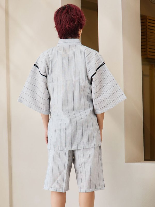 画像16: 【即日発送】【メンズ甚平】白地に黒縞模様甚平【甚平2点セット 甚平/下駄】 [YMT] (16)