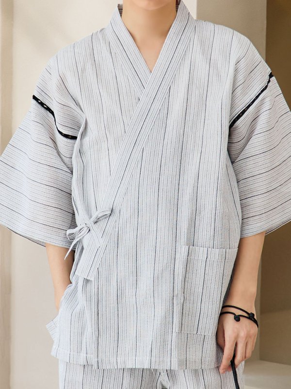 画像17: 【即日発送】【メンズ甚平】白地に黒縞模様甚平【甚平2点セット 甚平/下駄】 [YMT] (17)