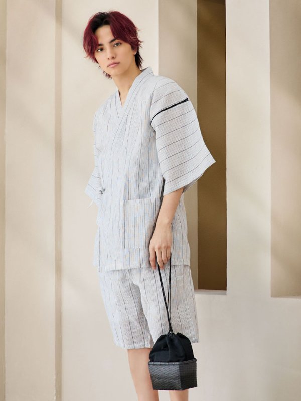 画像3: 【即日発送】【メンズ甚平】白地に黒縞模様甚平【甚平2点セット 甚平/下駄】 [YMT] (3)