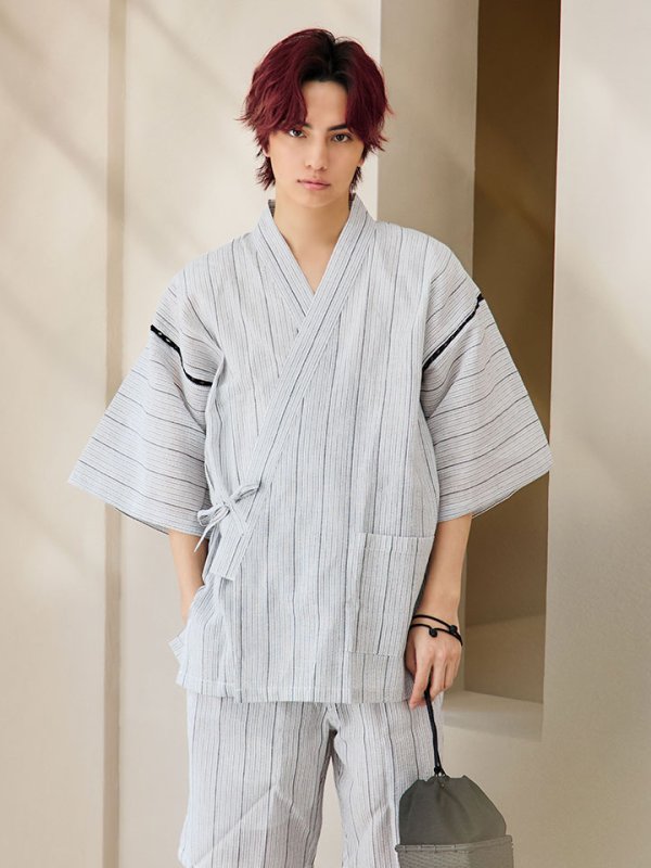 画像6: 【即日発送】【メンズ甚平】白地に黒縞模様甚平【甚平2点セット 甚平/下駄】 [YMT] (6)