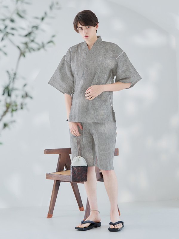 画像2: 【即日発送】【メンズ甚平】グレー地に縞模様甚平【甚平2点セット 甚平/下駄】[YMT] (2)