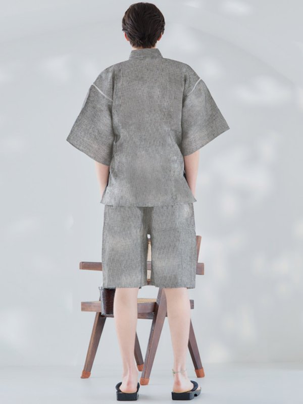 画像3: 【即日発送】【メンズ甚平】グレー地に縞模様甚平【甚平2点セット 甚平/下駄】[YMT] (3)