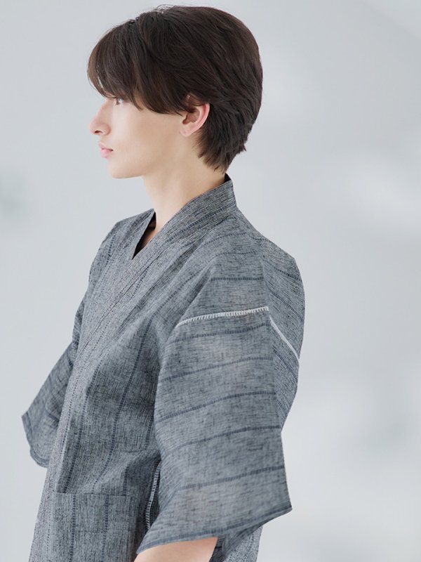 画像9: 【即日発送】【メンズ甚平】グレー地に縞模様甚平【甚平2点セット 甚平/下駄】[YMT] (9)