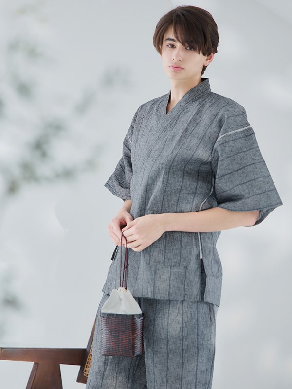 画像12: 【即日発送】【メンズ甚平】グレー地に縞模様甚平【甚平2点セット 甚平/下駄】[YMT] (12)