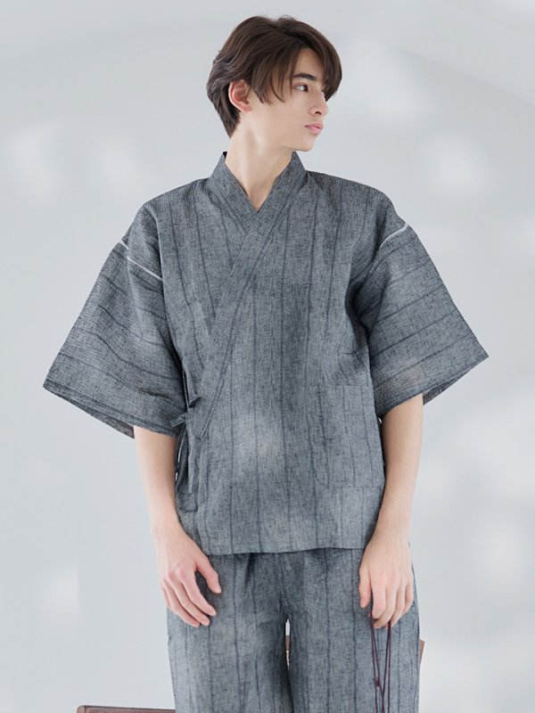 画像3: 【即日発送】【メンズ甚平】グレー地に縞模様甚平【甚平2点セット 甚平/下駄】[YMT] (3)