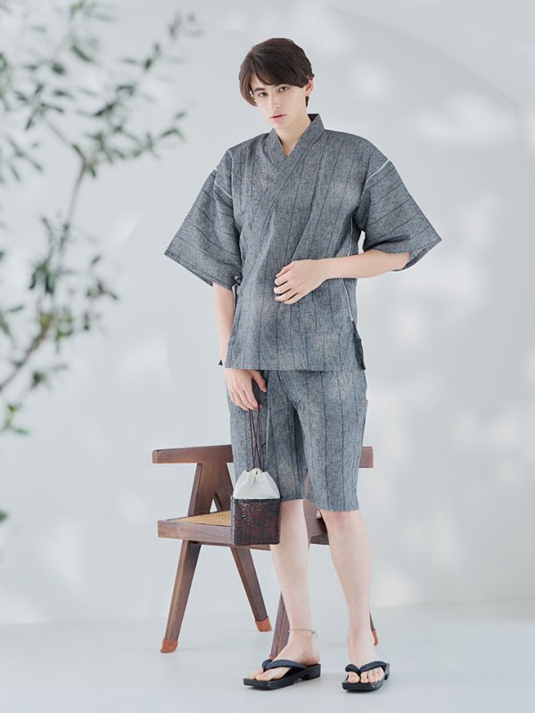 画像4: 【即日発送】【メンズ甚平】グレー地に縞模様甚平【甚平2点セット 甚平/下駄】[YMT] (4)