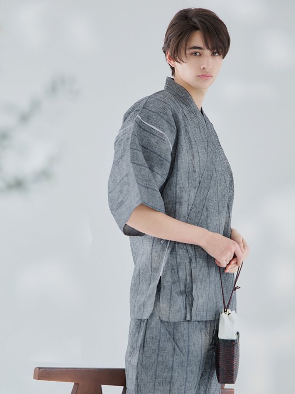 画像8: 【即日発送】【メンズ甚平】グレー地に縞模様甚平【甚平2点セット 甚平/下駄】[YMT] (8)