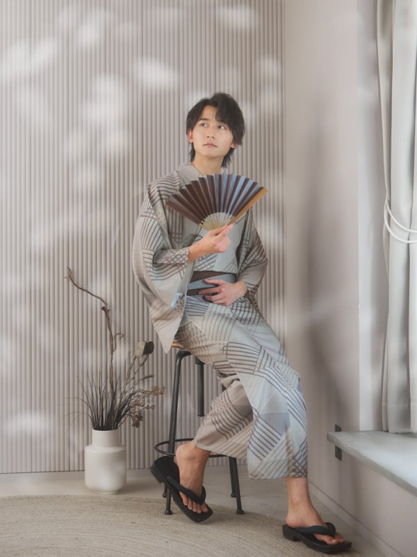 画像12: 【即日発送！】【メンズ浴衣】ベージュ幾何学的模様浴衣【浴衣３点セット 浴衣/帯/下駄】[YMT] (12)