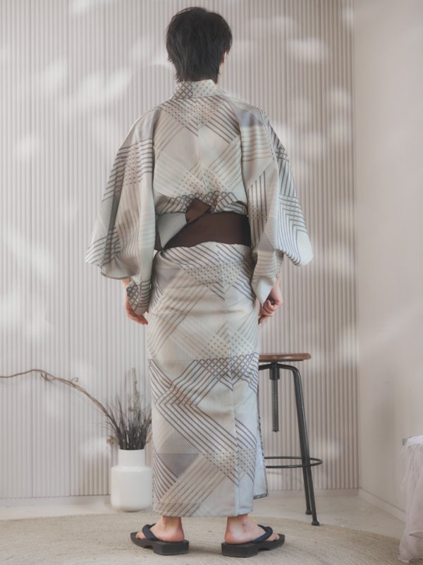 画像14: 【即日発送！】【メンズ浴衣】ベージュ幾何学的模様浴衣【浴衣３点セット 浴衣/帯/下駄】[YMT] (14)