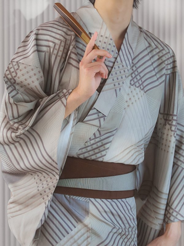 画像15: 【即日発送！】【メンズ浴衣】ベージュ幾何学的模様浴衣【浴衣３点セット 浴衣/帯/下駄】[YMT] (15)