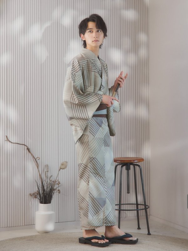 画像3: 【即日発送！】【メンズ浴衣】ベージュ幾何学的模様浴衣【浴衣３点セット 浴衣/帯/下駄】[YMT] (3)