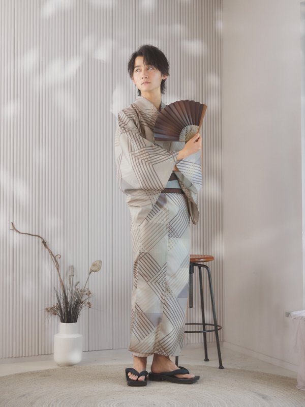画像5: 【即日発送！】【メンズ浴衣】ベージュ幾何学的模様浴衣【浴衣３点セット 浴衣/帯/下駄】[YMT] (5)