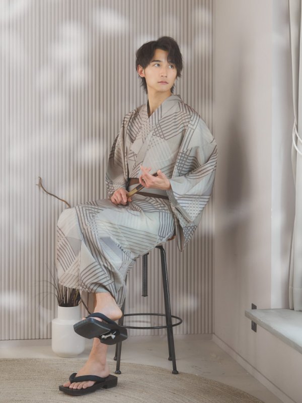 画像6: 【即日発送！】【メンズ浴衣】ベージュ幾何学的模様浴衣【浴衣３点セット 浴衣/帯/下駄】[YMT] (6)