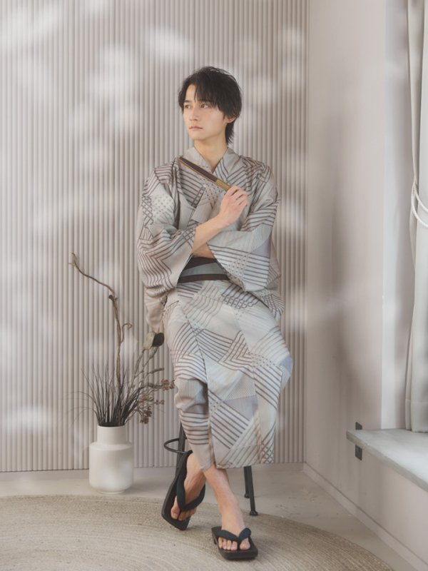 画像9: 【即日発送！】【メンズ浴衣】ベージュ幾何学的模様浴衣【浴衣３点セット 浴衣/帯/下駄】[YMT] (9)