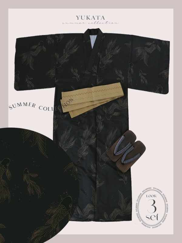 画像16: 【即日発送！】【メンズ浴衣】ブラック×シンプル金魚浴衣【浴衣３点セット 浴衣/帯/下駄】[YMT] (16)