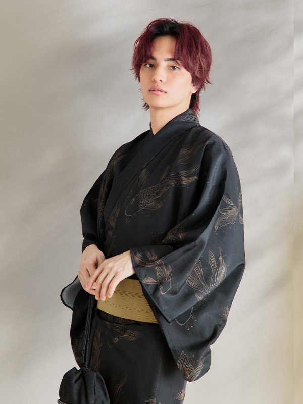画像11: 【即日発送！】【メンズ浴衣】ブラック×シンプル金魚浴衣【浴衣３点セット 浴衣/帯/下駄】[YMT] (11)